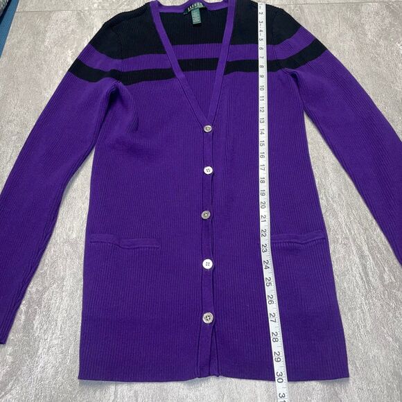 Lauren Ralph Lauren SZ LARGE  Purple and Black V-Neck Ribbed Cardigan Preppy - Picture 5 of 12